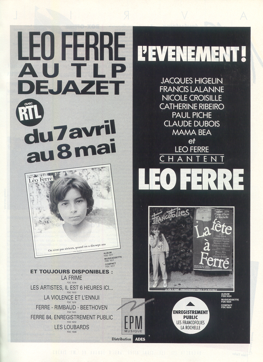 Léo Ferré - Paroles et Musique N°NS6, mensuel d'Avril 1988